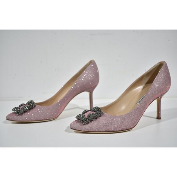 Manolo Blahnik Hangisi 70 Pink Glitter Crystal Jewel Buckle Low Heel Pump 39 - Picture 10 of 12